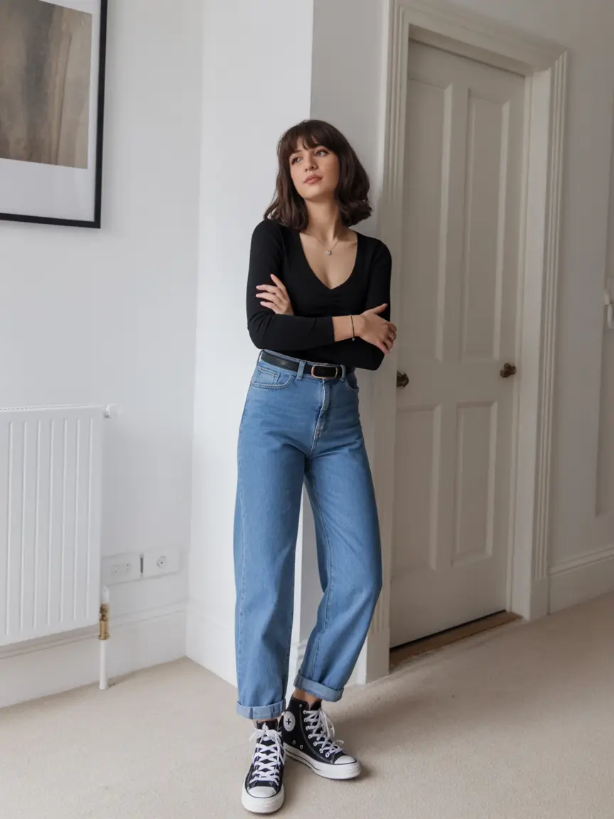 top spring outfits for vacation 2026 Black Knit Minimalism with Cropped Denim and High Tops