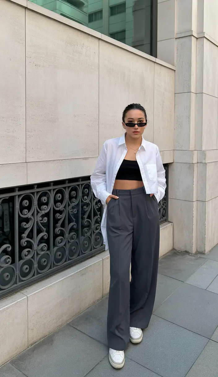 top spring outfits for vacation 2026 Crisp White Shirt and Dark Trousers with Sporty Layers