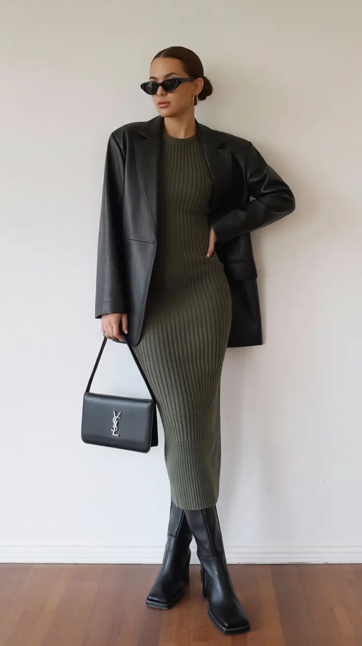 top spring outfits for vacation 2026 Ribbed Knit Dress with an Oversized Leather Jacket