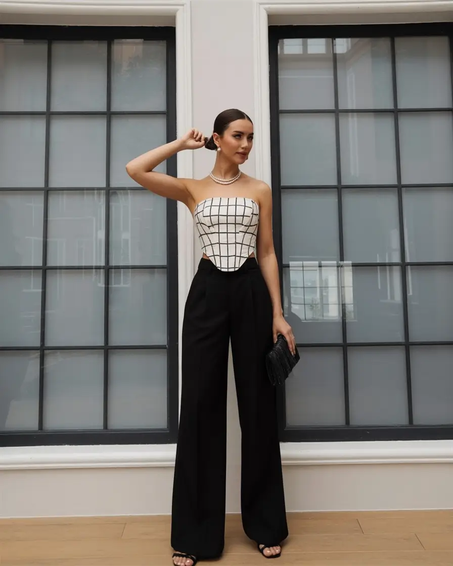 top spring outfits for vacation 2026 Structured Black Trousers with a Graphic Corset Top