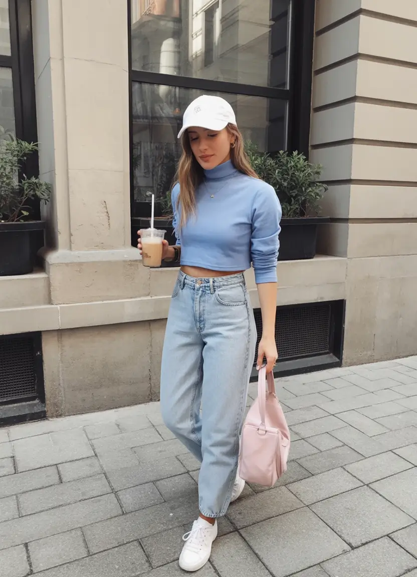 top spring outfits for vacation 2026 Soft Blue Crop Knit with Easy Spring Denim