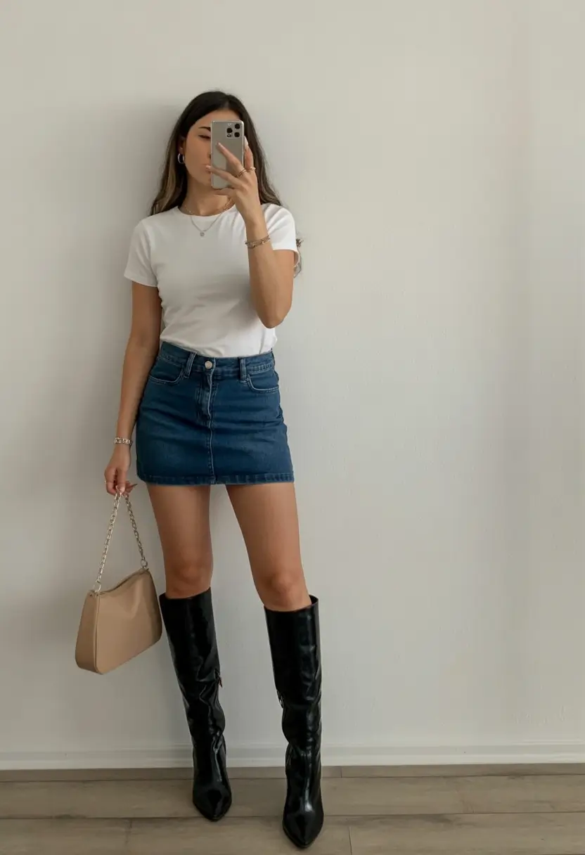 top spring outfits for vacation 2026 White Tee with Denim Mini Skirt and Sleek Tall Boots