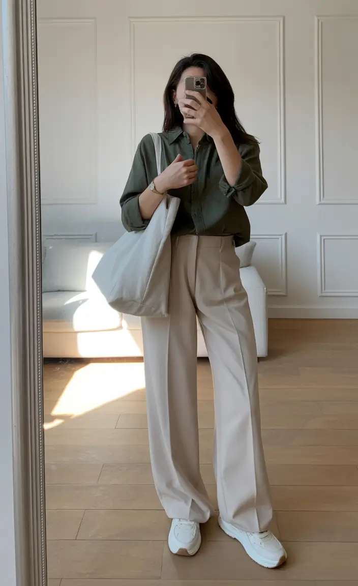 trendy chic spring outfits 2026 Relaxed Button Up with Soft Tailored Trousers