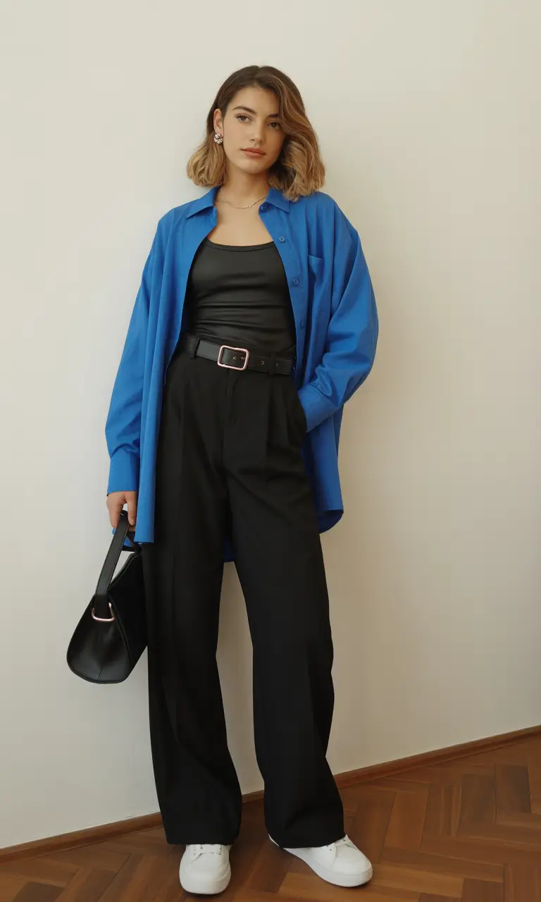 trendy chic spring outfits 2026 Bold Blue Layers with Modern Black Basics
