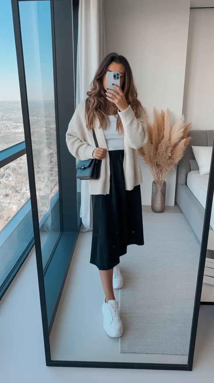 trendy chic spring outfits 2026 Cozy Cardigan with Black Midi Skirt Flow