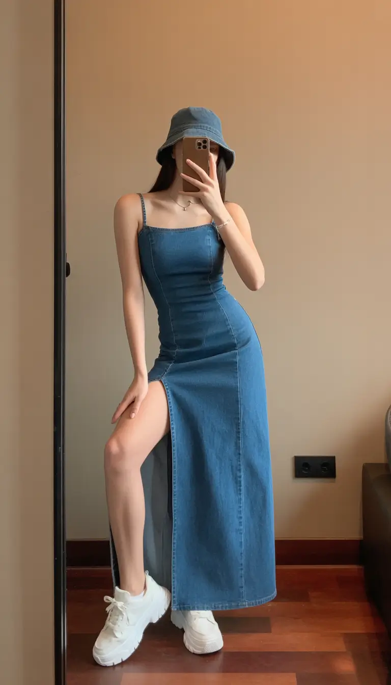 trendy chic spring outfits 2026 Denim Dress with Playful Spring Spirit