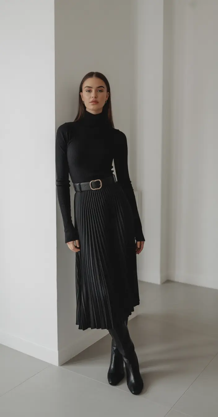 trendy chic spring outfits 2026 All Black Pleated Elegance in Motion
