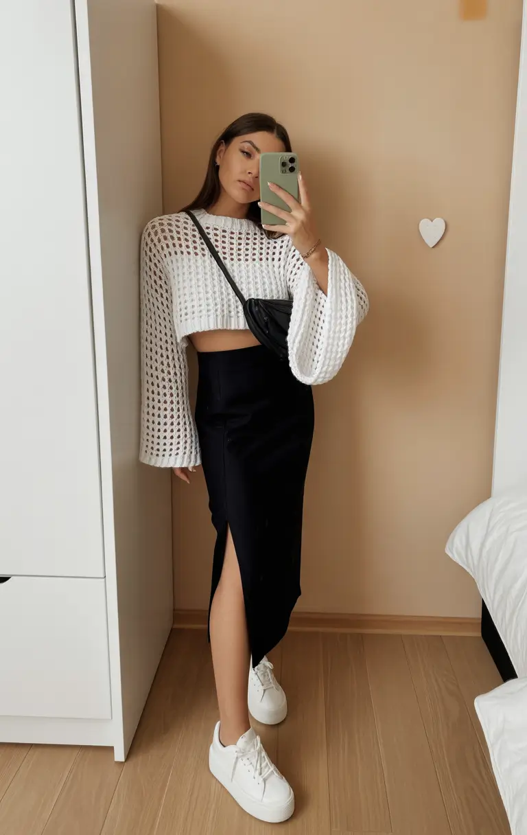 trendy chic spring outfits 2026 Open Knit Texture with Sleek Midi Contrast