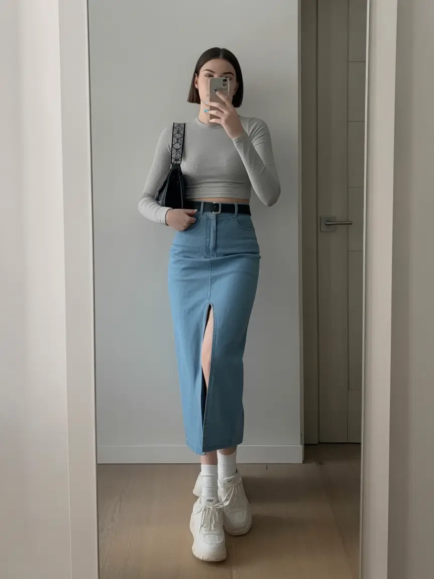 trendy chic spring outfits 2026 Denim Skirt with Clean Monochrome Basics