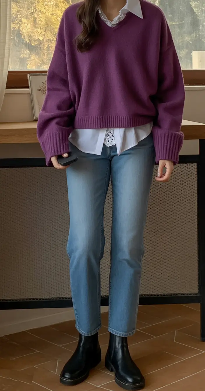 trendy chic spring outfits 2026 Layered Knitwear with Soft Everyday Denim