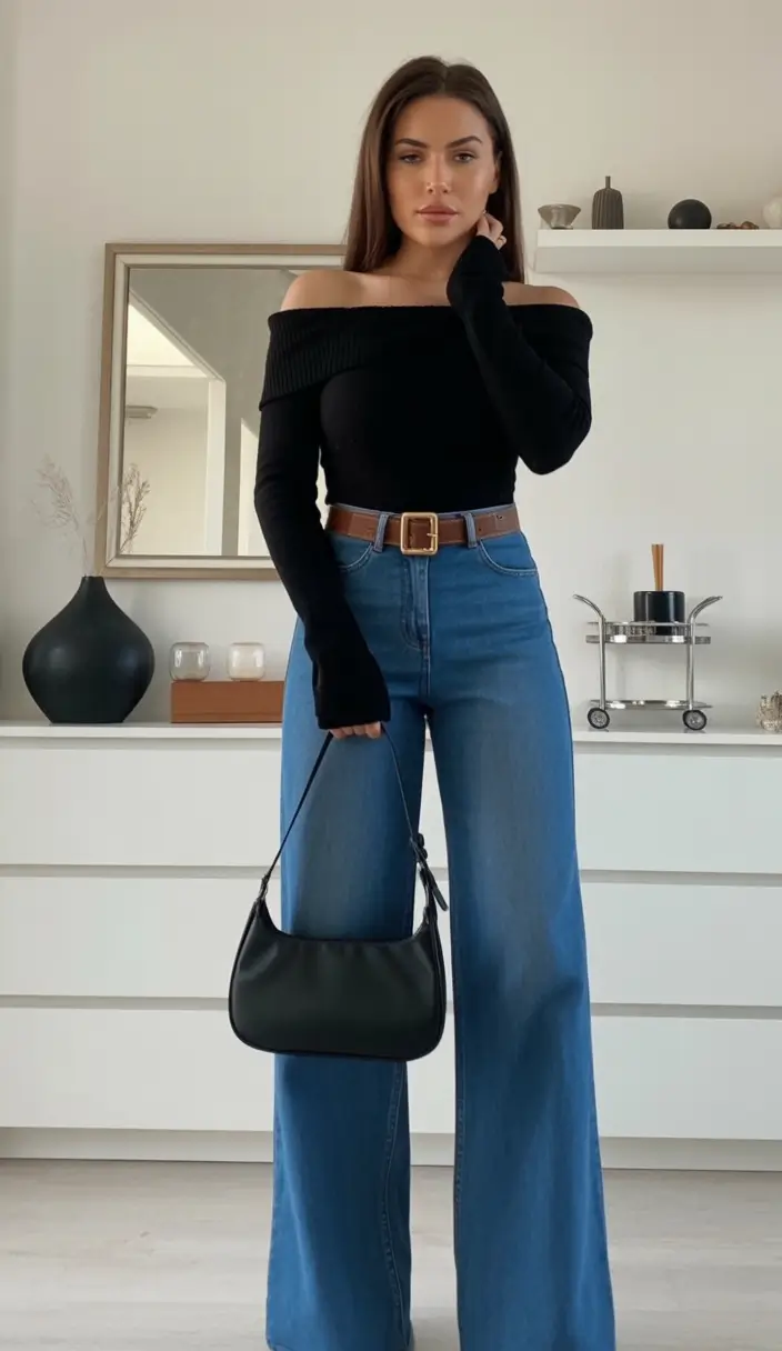 trendy chic spring outfits 2026 Off Shoulder Knit with Elevated Denim Ease