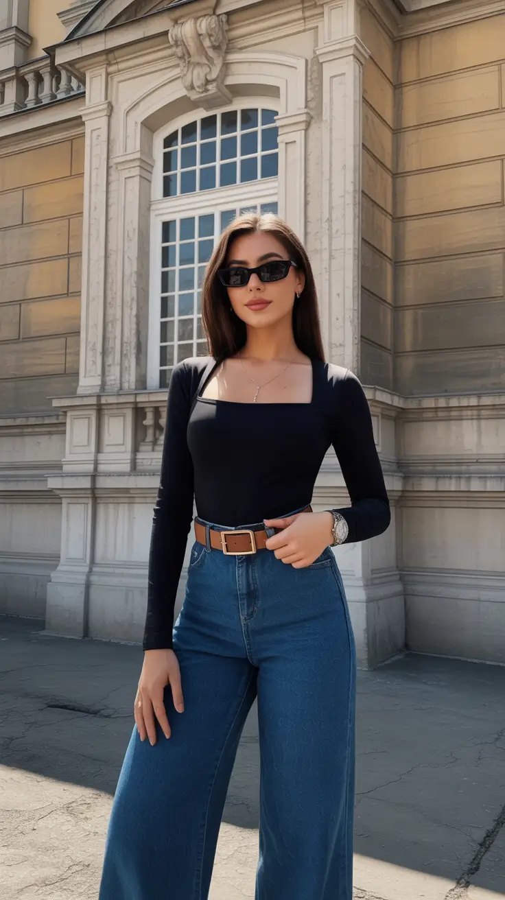 trendy chic spring outfits 2026 Square Neck Elegance with Effortless Denim Flow