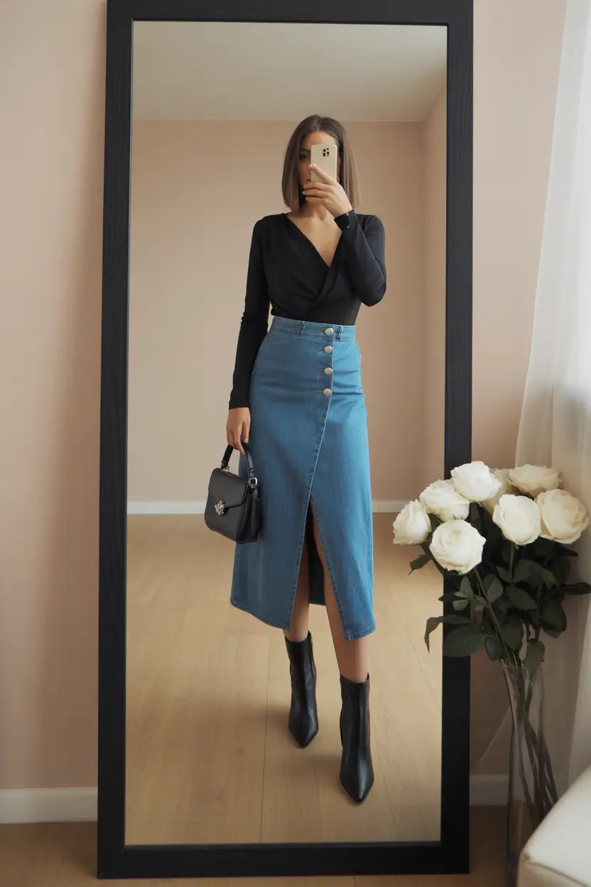 trendy chic spring outfits 2026 Wrapped Top with Sleek Denim Skirt Confidence