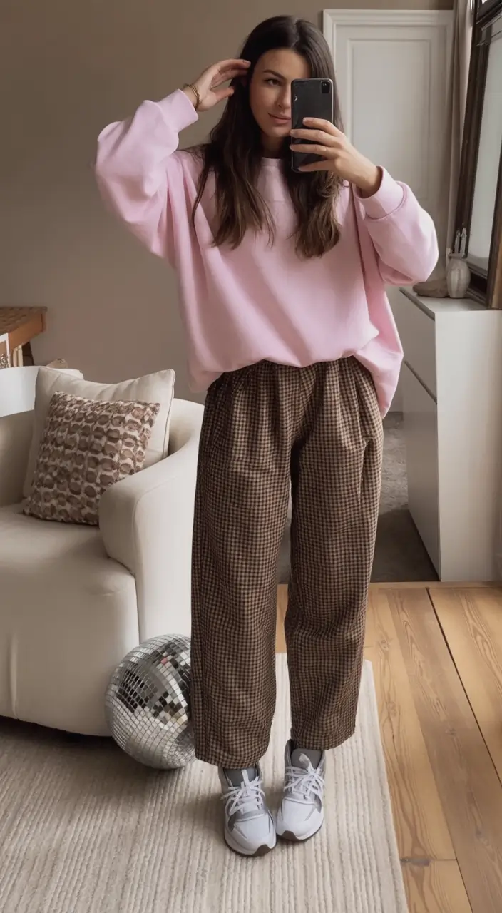 trendy nyc spring outfits to wear 2026 Soft Pink Comfort with Gingham Trousers