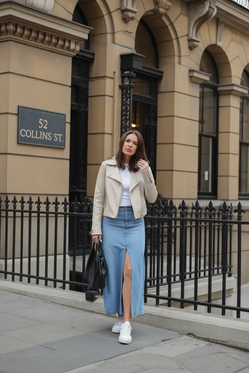 trendy nyc spring outfits to wear 2026 Denim Maxi with a Fresh White Jacket