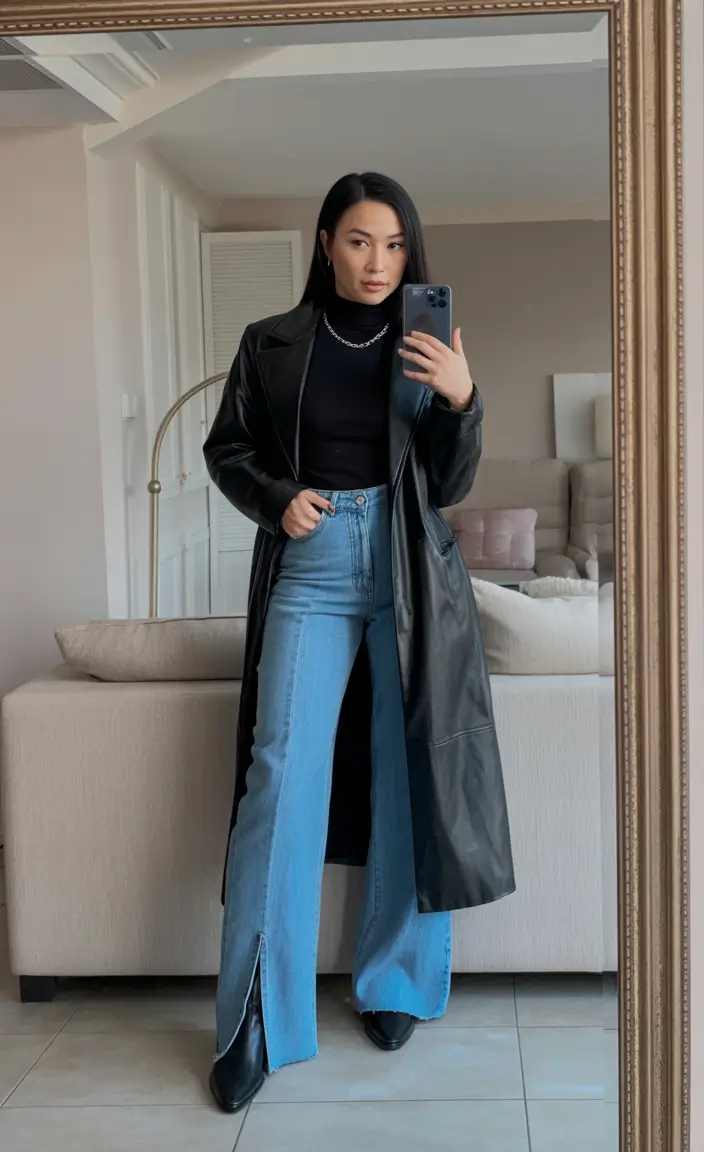 trendy nyc spring outfits to wear 2026 Long Black Leather Coat with Split Hem Denim