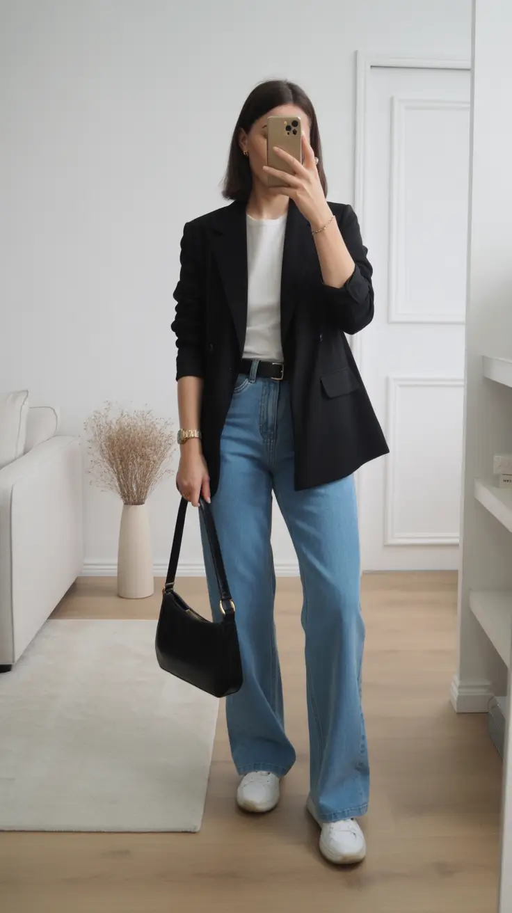 trendy nyc spring outfits to wear 2026 Classic Black Blazer with Wide Leg Denim Ease