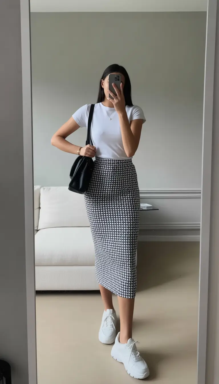 trendy nyc spring outfits to wear 2026 Monochrome Knit Skirt Look with Fresh White Layers