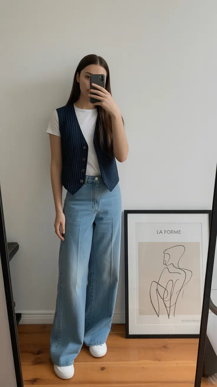 trendy nyc spring outfits to wear 2026 Pinstripe Vest Layering with Soft Blue Denim