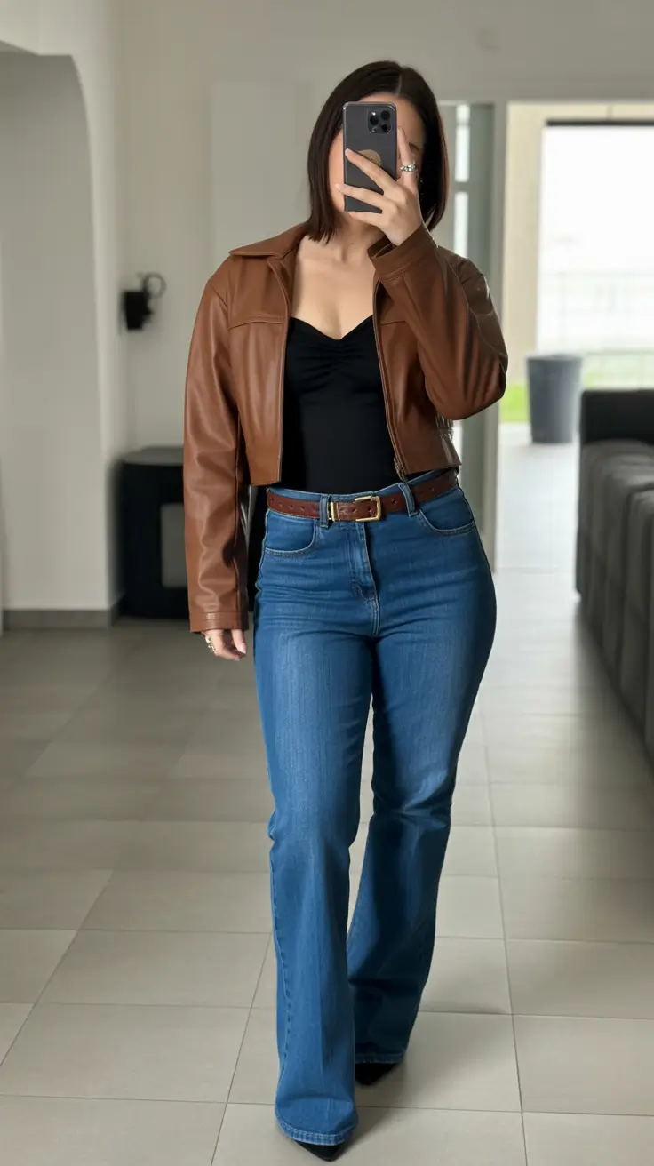 trendy nyc spring outfits to wear 2026 Brown Leather Jacket with Clean Denim Lines
