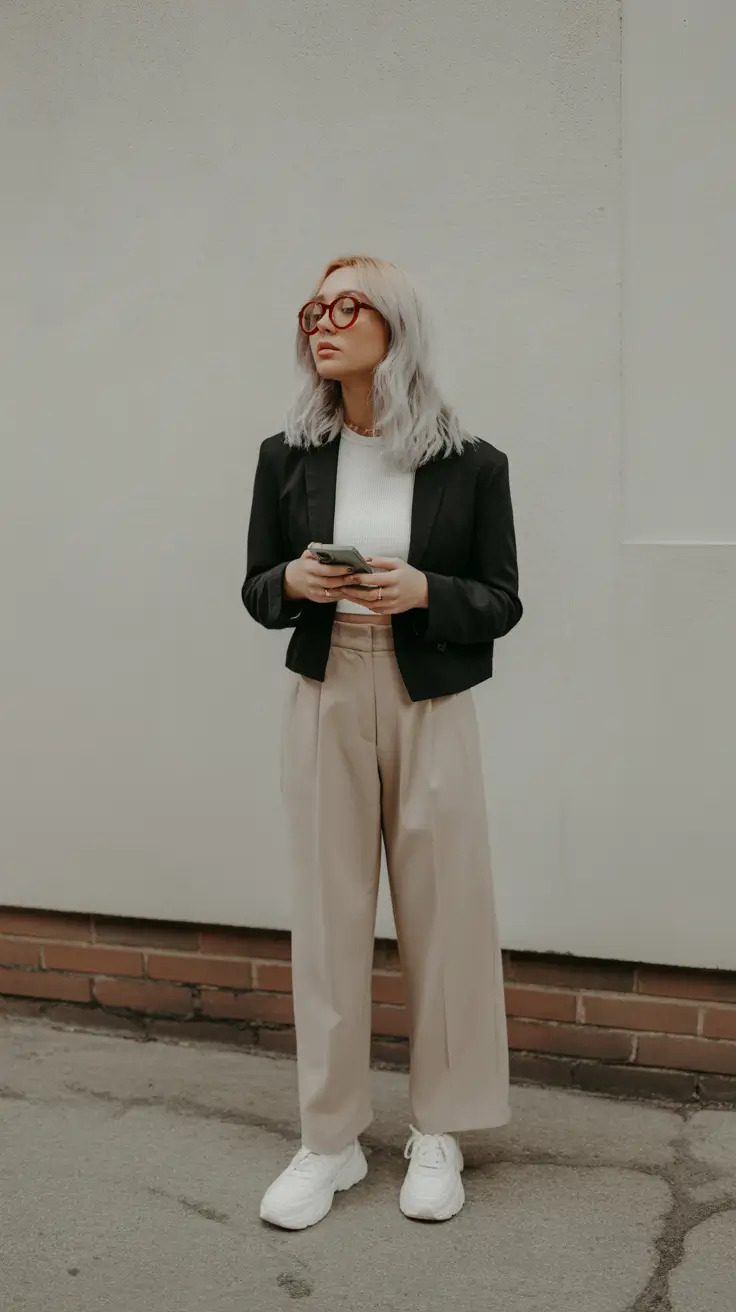 trendy nyc spring outfits to wear 2026 Minimalist Black Crop Blazer with Tailored Wide Trousers