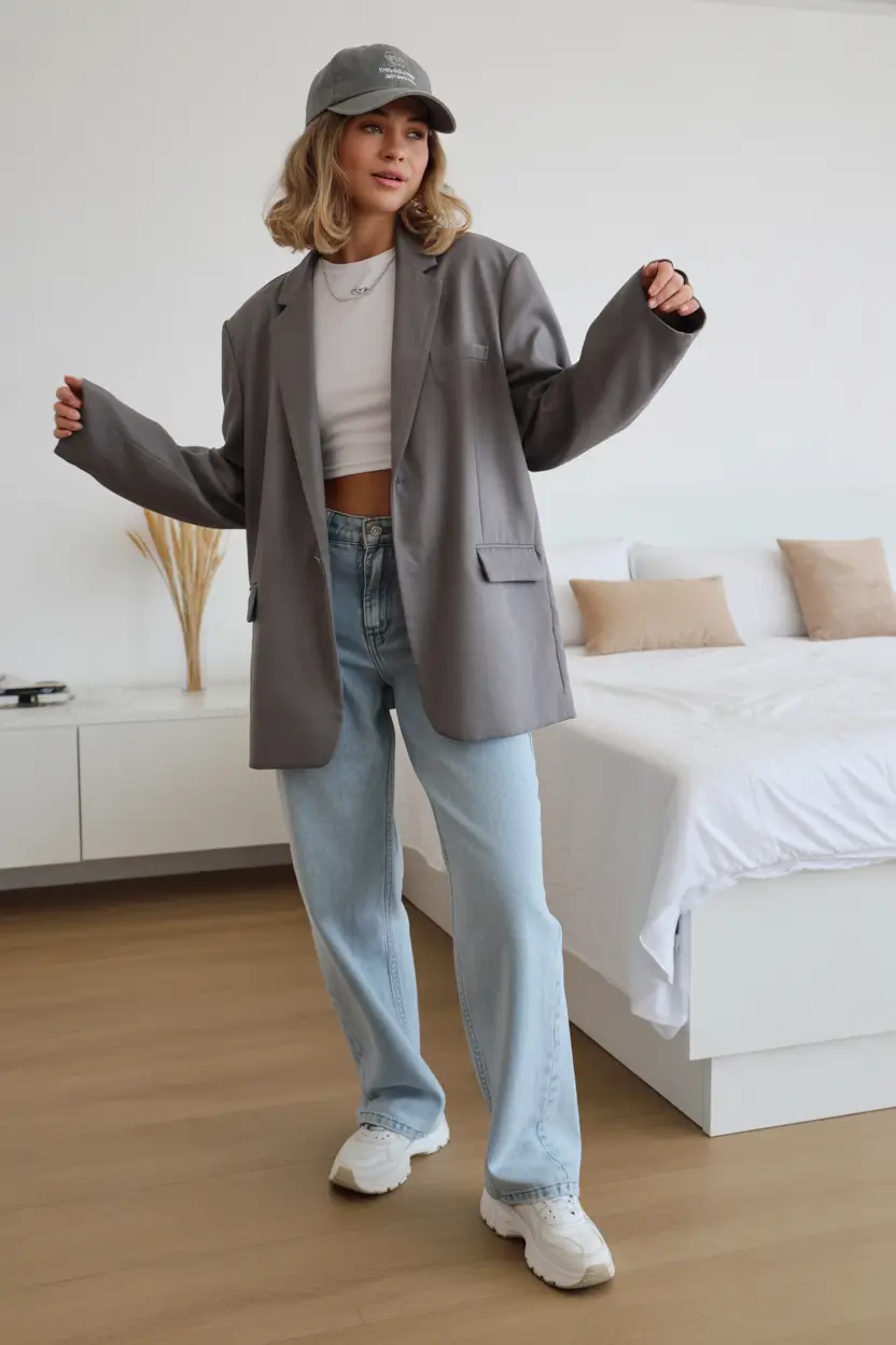 trendy nyc spring outfits to wear 2026 Oversized Gray Blazer with Soft Denim and Chunky Sneakers