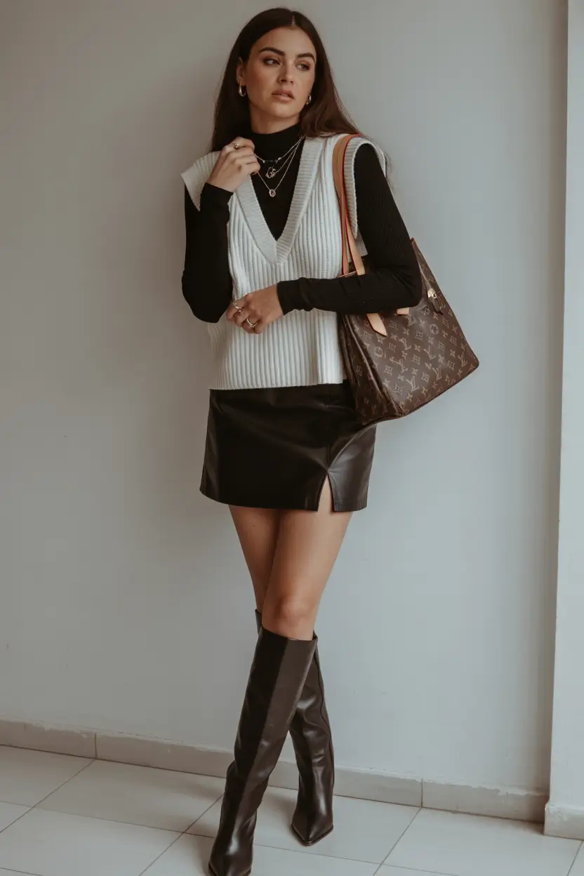 trendy nyc spring outfits to wear 2026 Layered Neutrals with a Leather Mini for City Energy