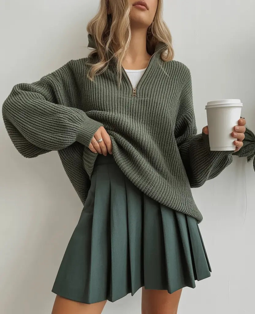 trendy spring outfit for Monday 2026 Soft Green Knit With Playful Pleats