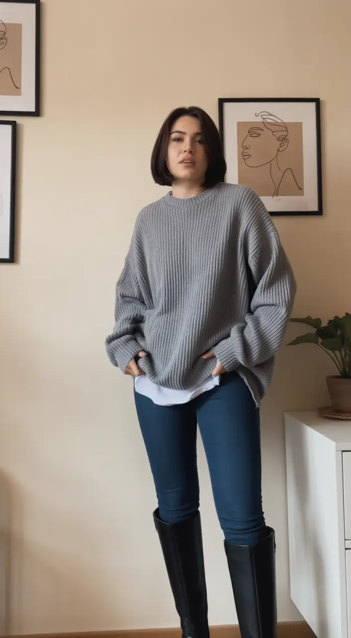 trendy spring outfit for Monday 2026 Oversized Knit With Slim Denim Balance