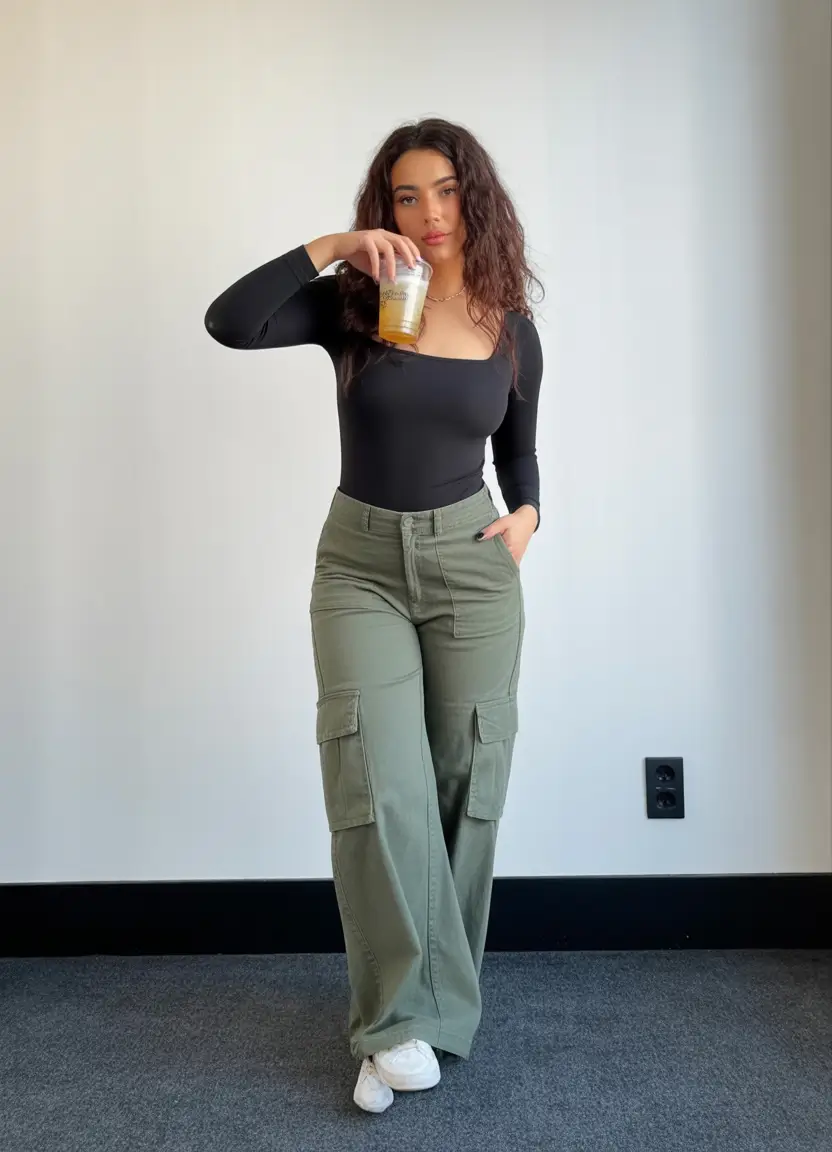 trendy spring outfit for Monday 2026 Black Bodysuit With Olive Cargo Ease