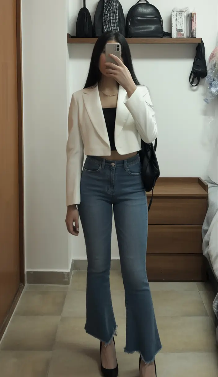 trendy spring outfit for Monday 2026 Cropped White Blazer With Modern Denim Confidence