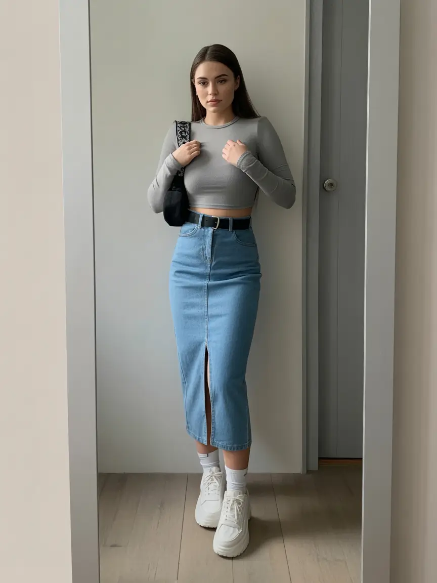 trendy spring outfit for Monday 2026 Denim Skirt With Clean Minimal Lines