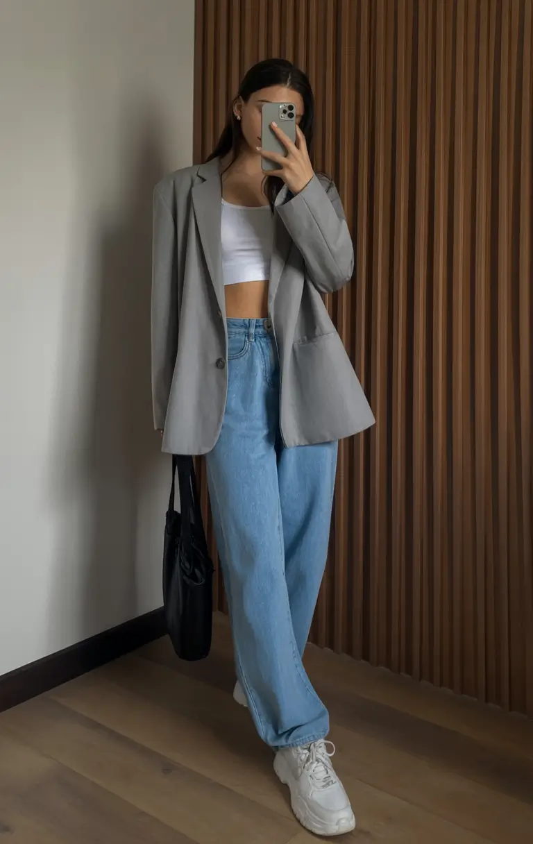 trendy spring outfit for Monday 2026 Tailored Blazer With Effortless Denim