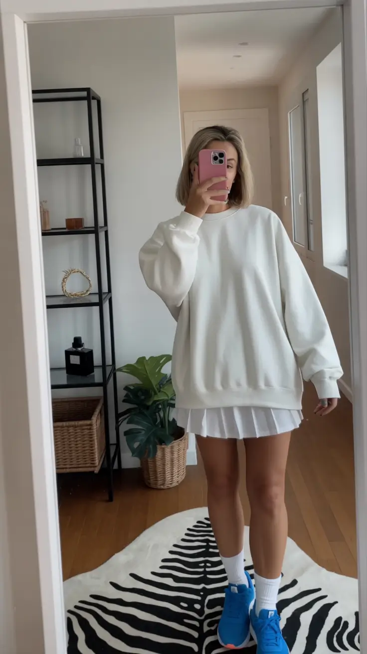 trendy spring outfit for Monday 2026 Sporty White Layers With a Playful Twist