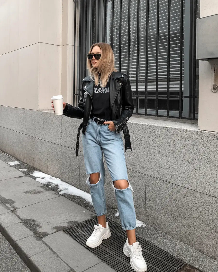 trendy spring outfit for Monday 2026 Edgy Leather And Relaxed Denim Energy