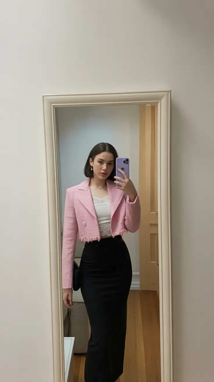 trendy spring outfit for Monday 2026 Chic Pink Tweed With Classic Elegance