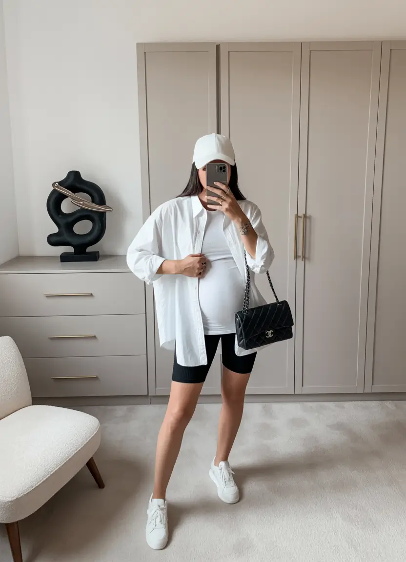 vibrant spring outfit for pregnant women 2026 Clean Monochrome Style with a Sporty Flair