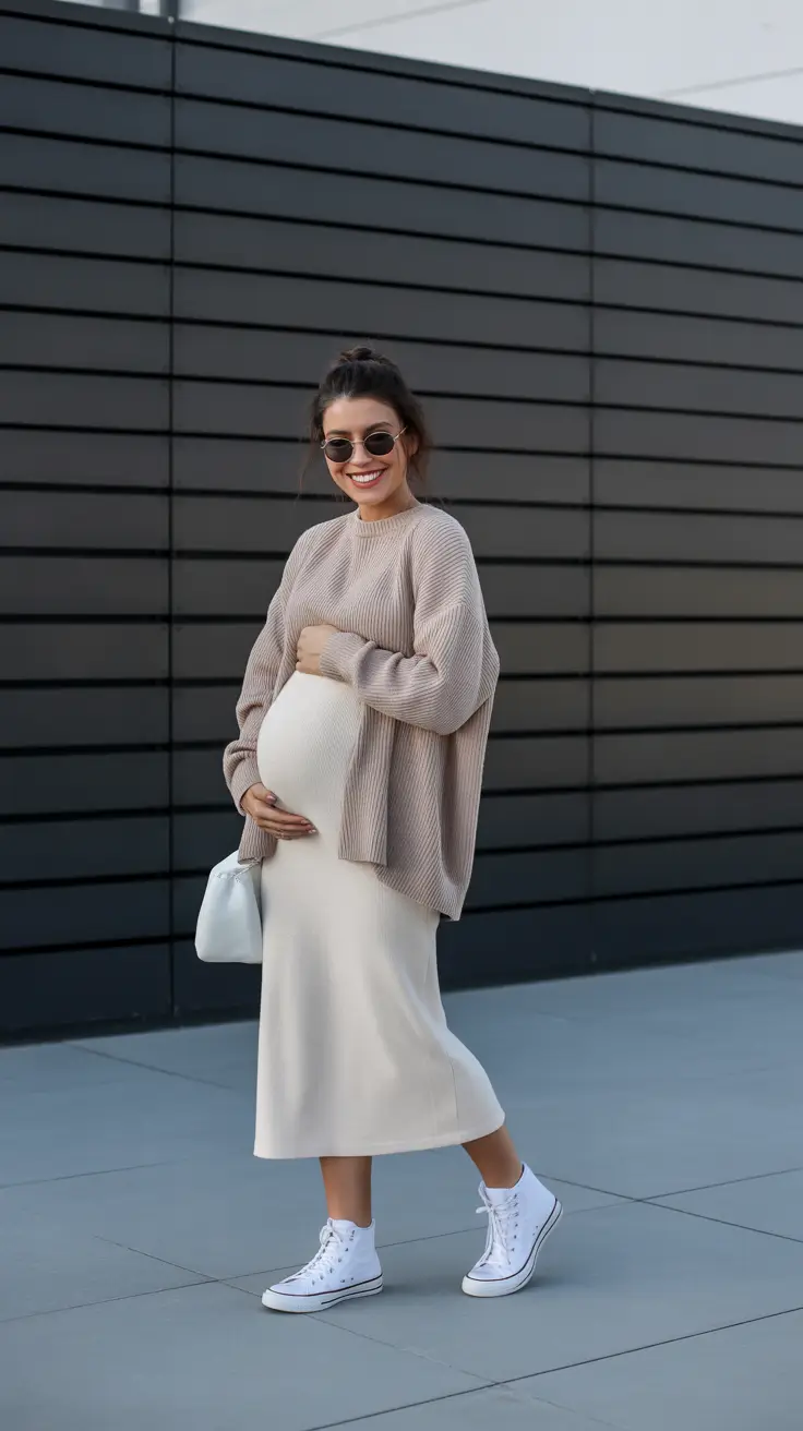 vibrant spring outfit for pregnant women 2026 Soft Neutral Layers for a Calm Spring Mood