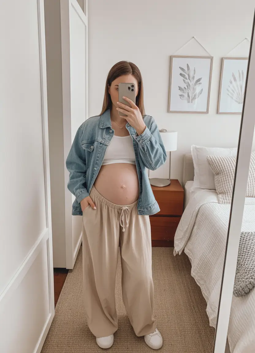 vibrant spring outfit for pregnant women 2026 Relaxed Everyday Comfort with a Light Denim Touch