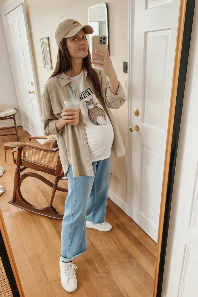 vibrant spring outfit for pregnant women 2026 Lighthearted Spring Charm with a Playful Graphic