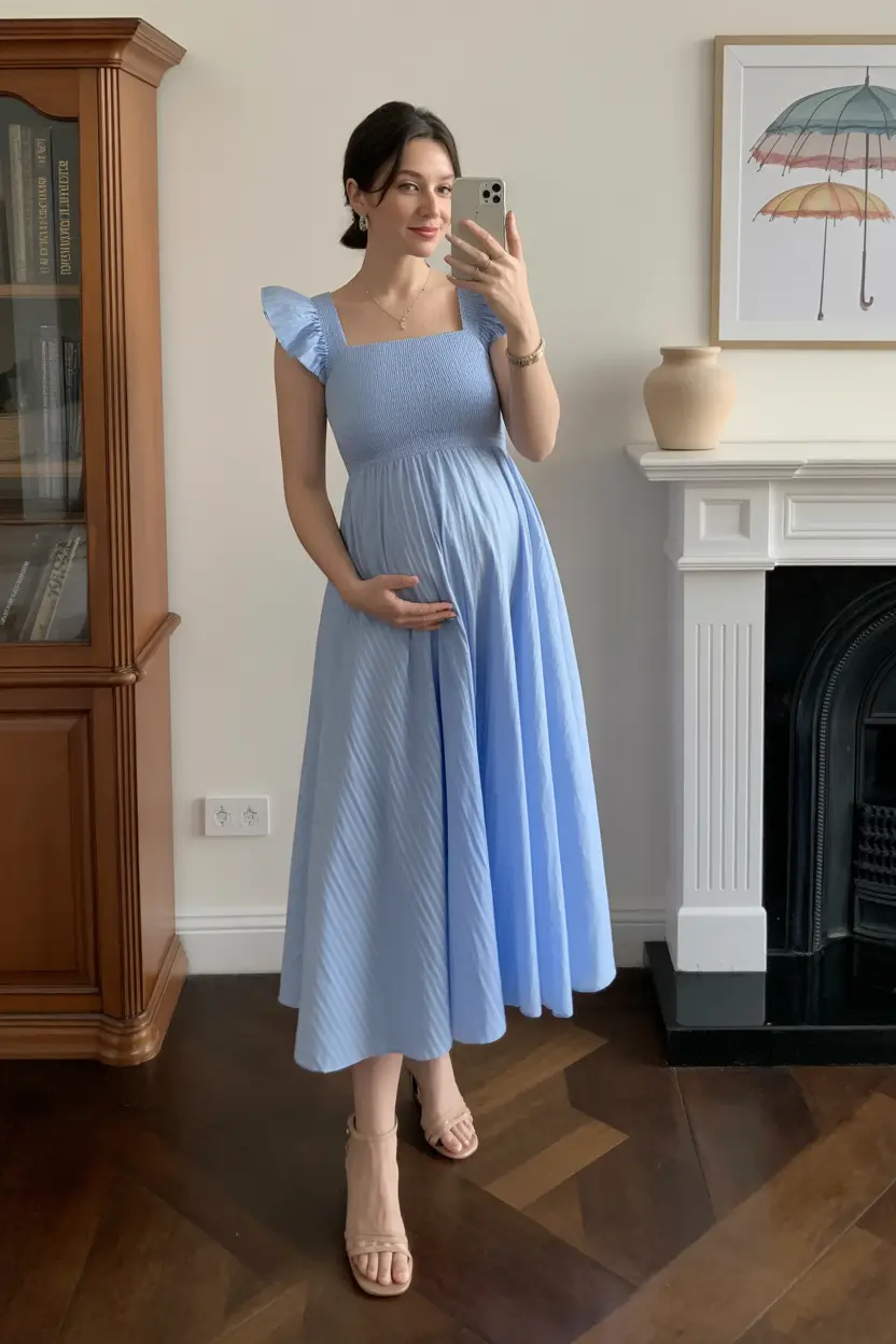 vibrant spring outfit for pregnant women 2026 Soft Blue Romance for Spring Celebrations