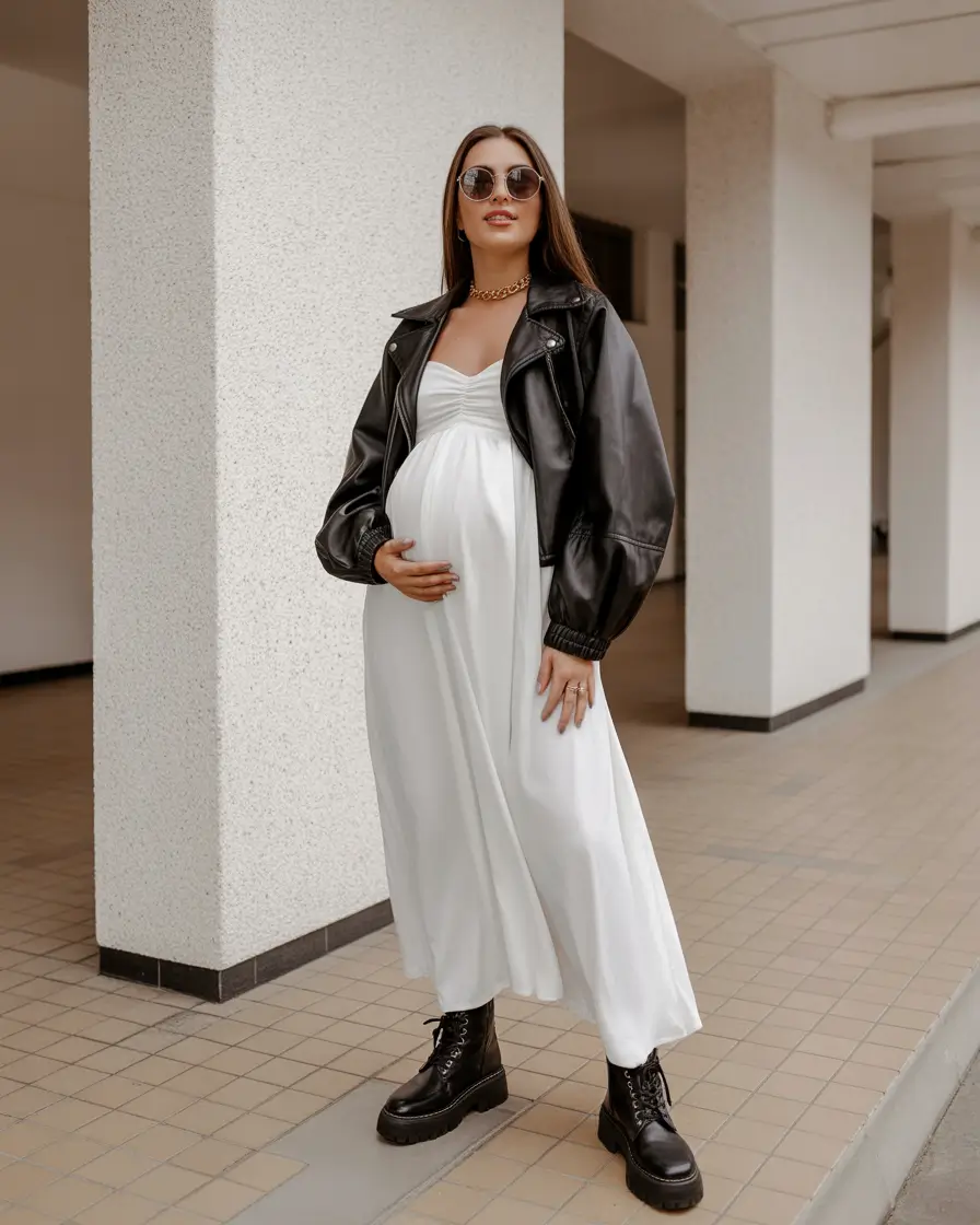 vibrant spring outfit for pregnant women 2026 Bold Spring Chic with an Edge