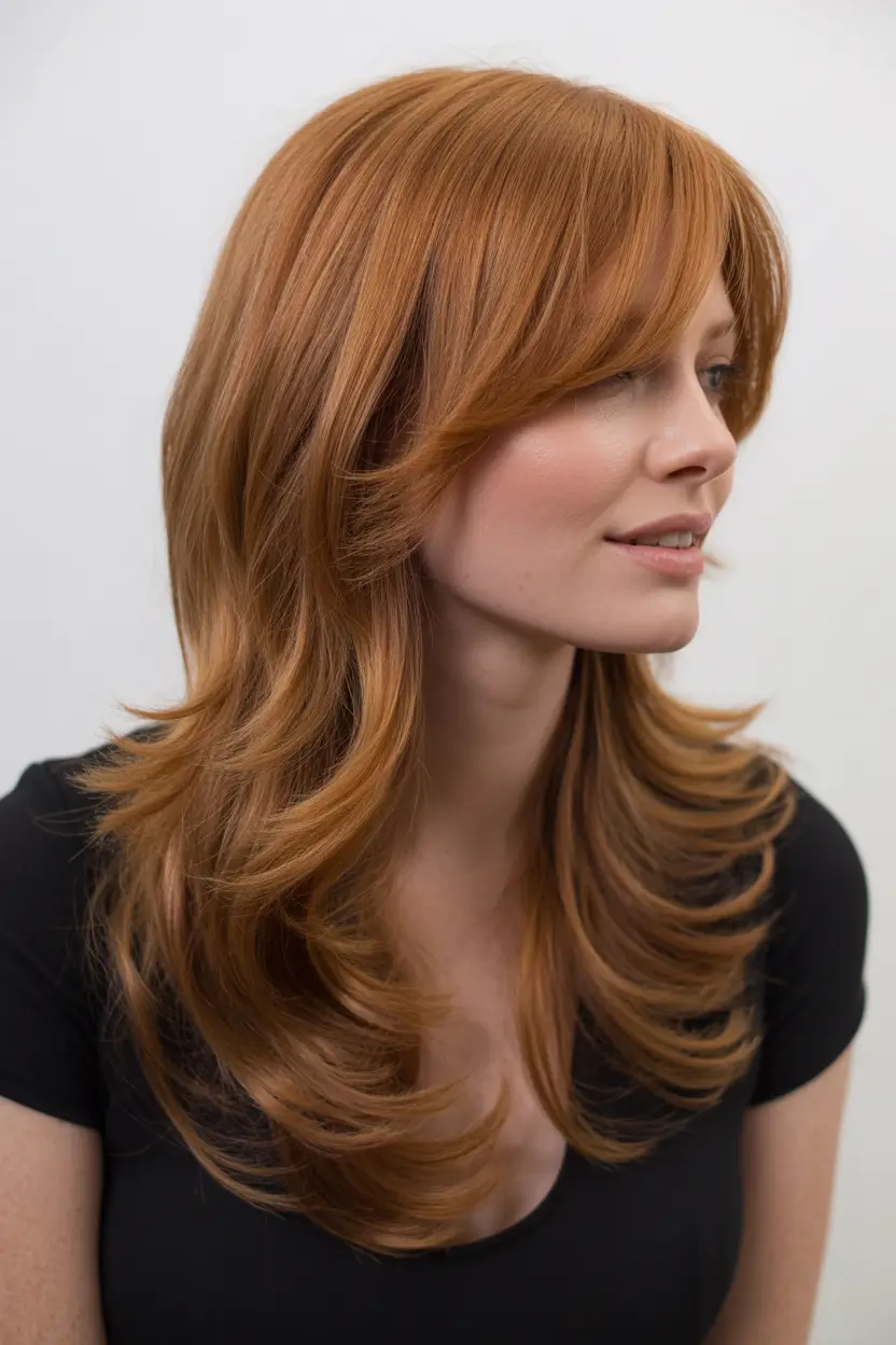 amazing spring haircuts for chubby faces 2026 Sweeping Copper Layers With a Polished Spring Flow