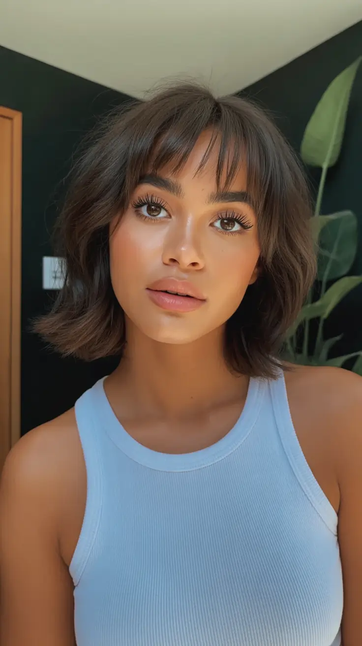 amazing spring haircuts for chubby faces 2026 Feathered Wavy Bob With a Light Spring Fringe