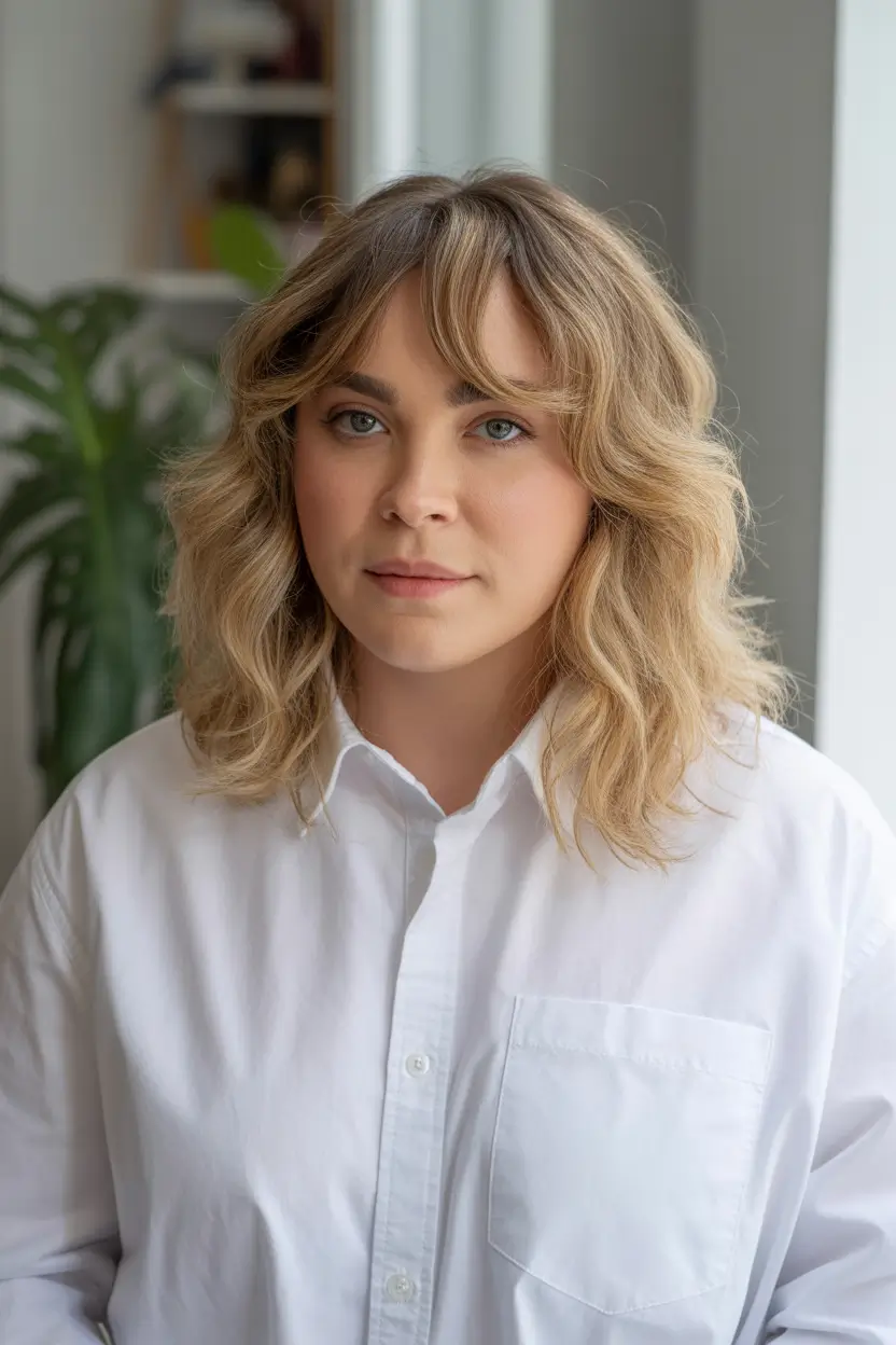 amazing spring haircuts for chubby faces 2026 Soft Shaggy Mid Length Waves With Feathered Bangs