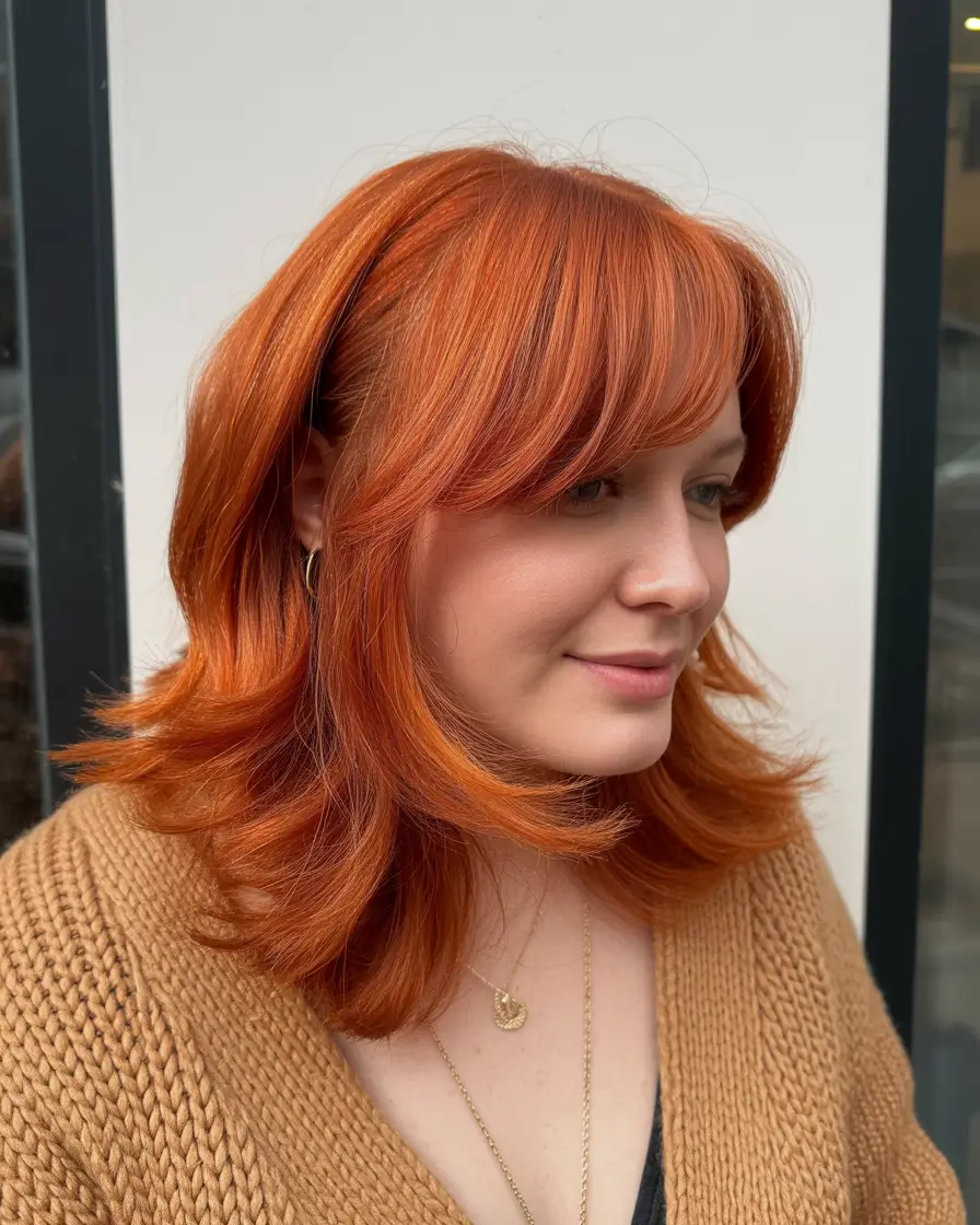 amazing spring haircuts for chubby faces 2026 Radiant Copper Mid Length Cut With Soft Flowing Layers