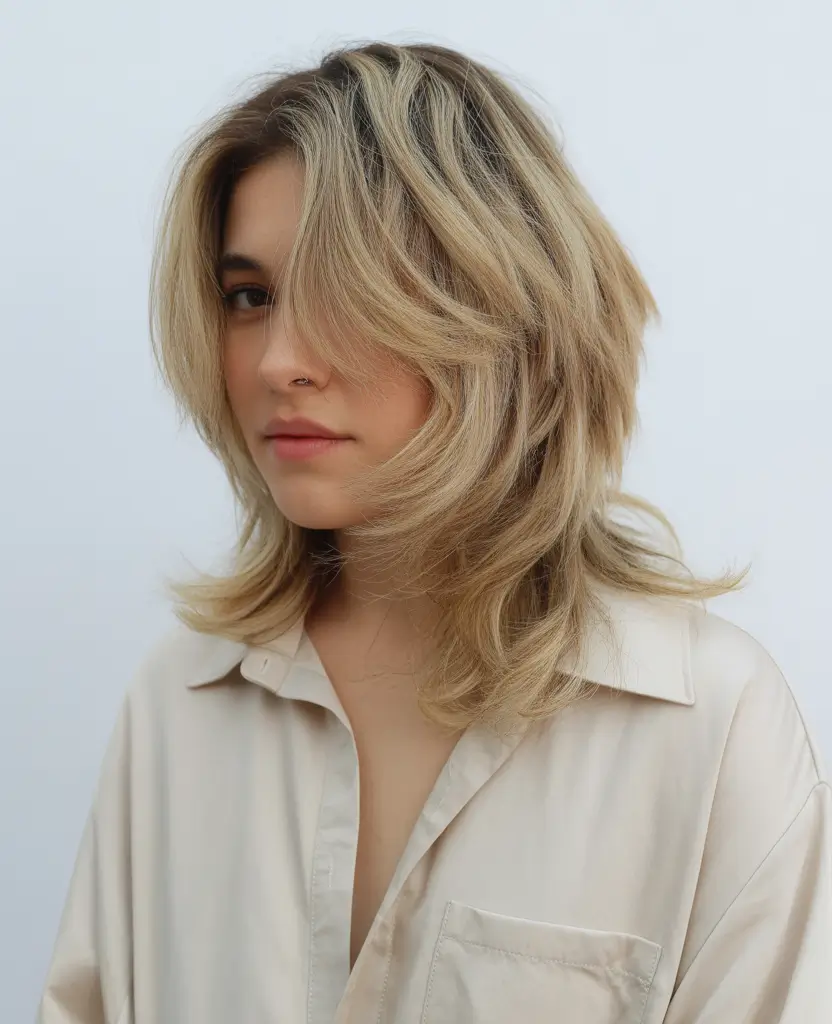 amazing spring haircuts for chubby faces 2026 Soft Layered Butterfly Cut With Airy Blonde Dimension