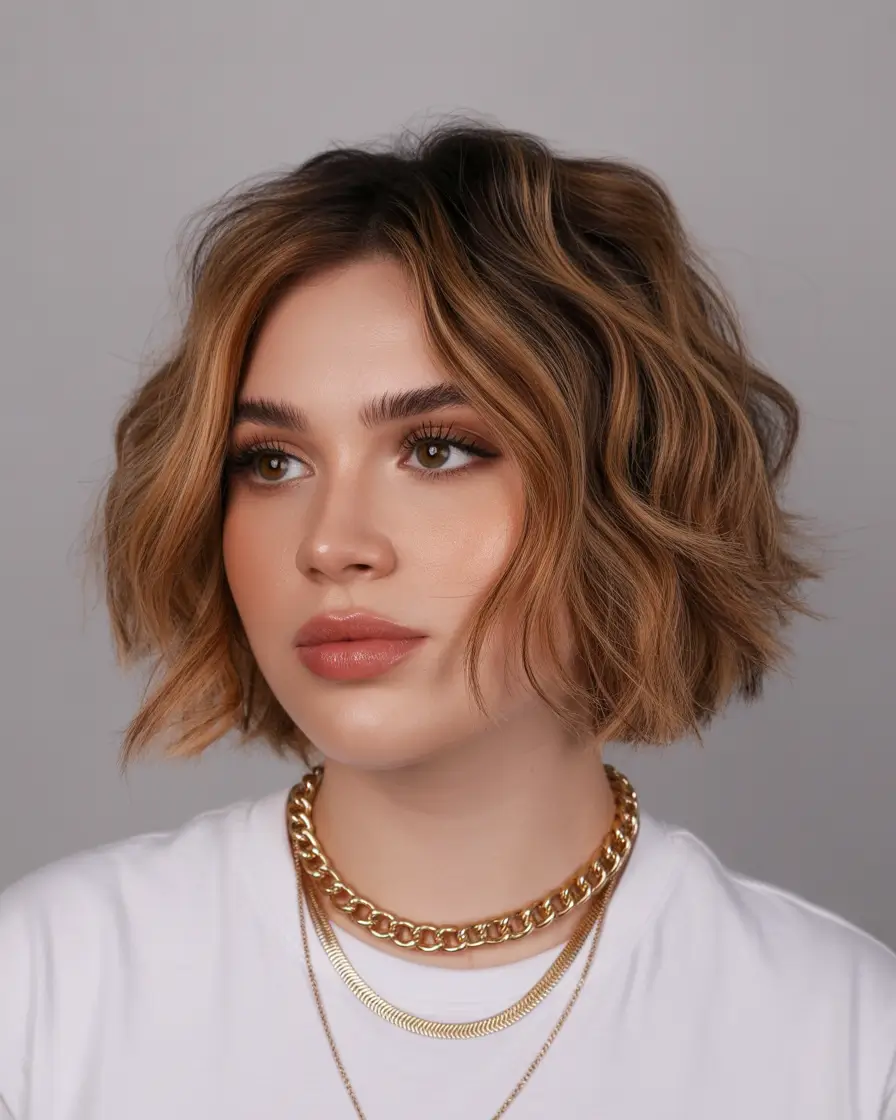 amazing spring haircuts for chubby faces 2026 Textured Wavy Bob With Golden Warmth