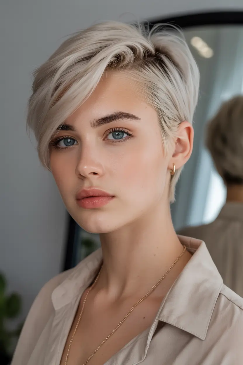 amazing spring short hairstyles 2026 Icy Platinum Side Swept Pixie