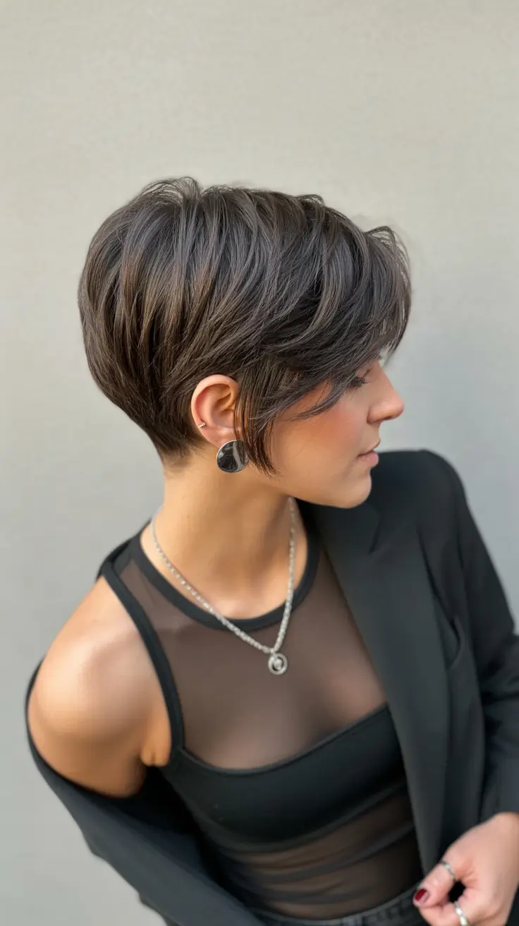 amazing spring short hairstyles 2026 Layered Brunette Pixie With Tapered Nape